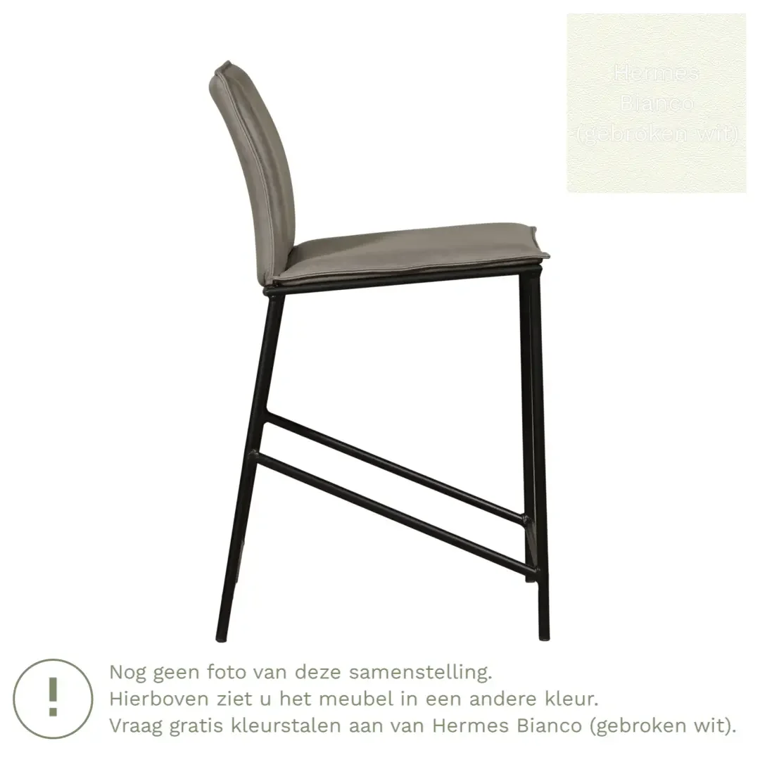 afbeelding van Leren barkruk laag Favor - Hermes Bianco (gebroken wit) - poten staal rond zwart